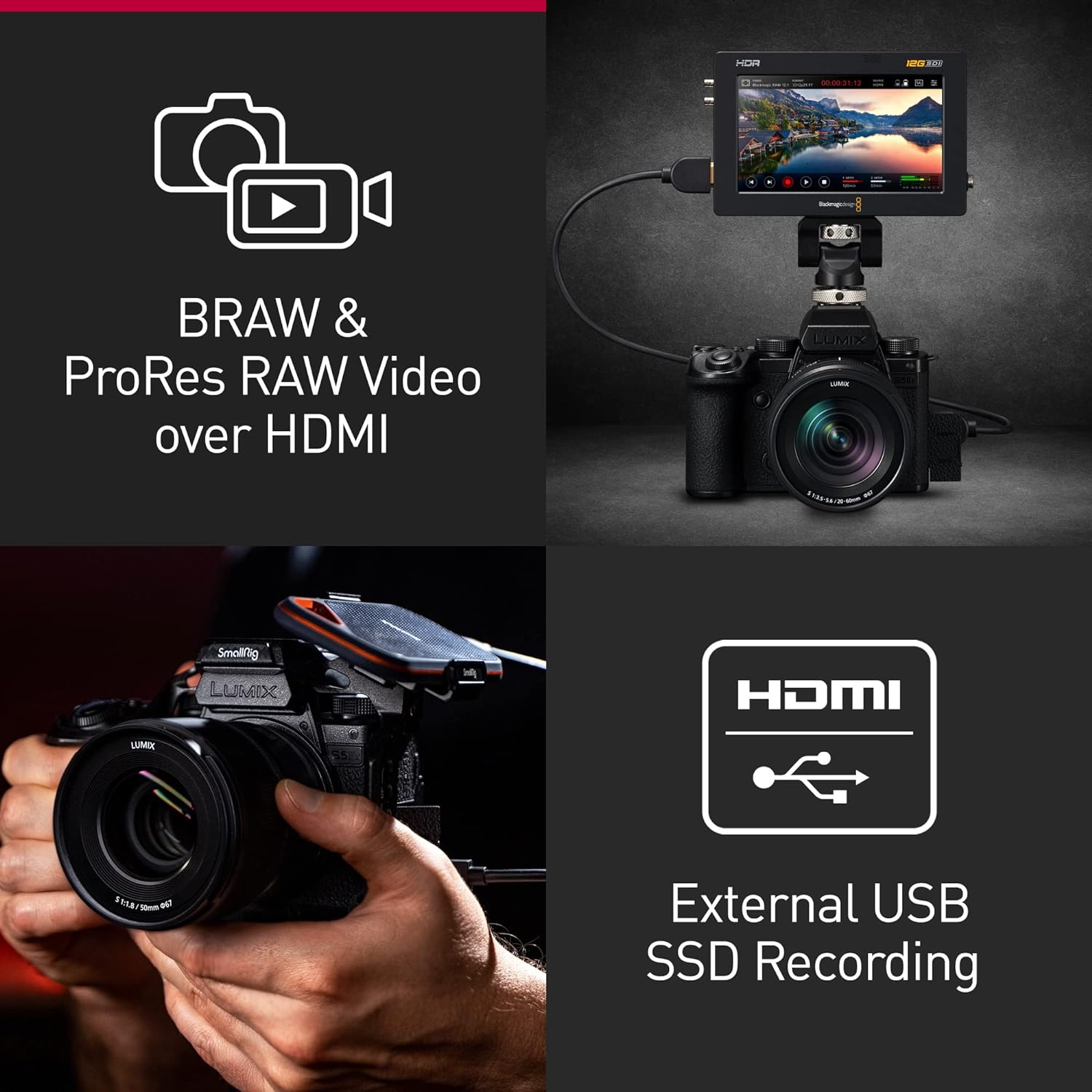 The image shows a collage of four pictures related to video recording features of a camera system. Here's a breakdown of each segment:

- Top left: An icon representation of a camera with the feature text 