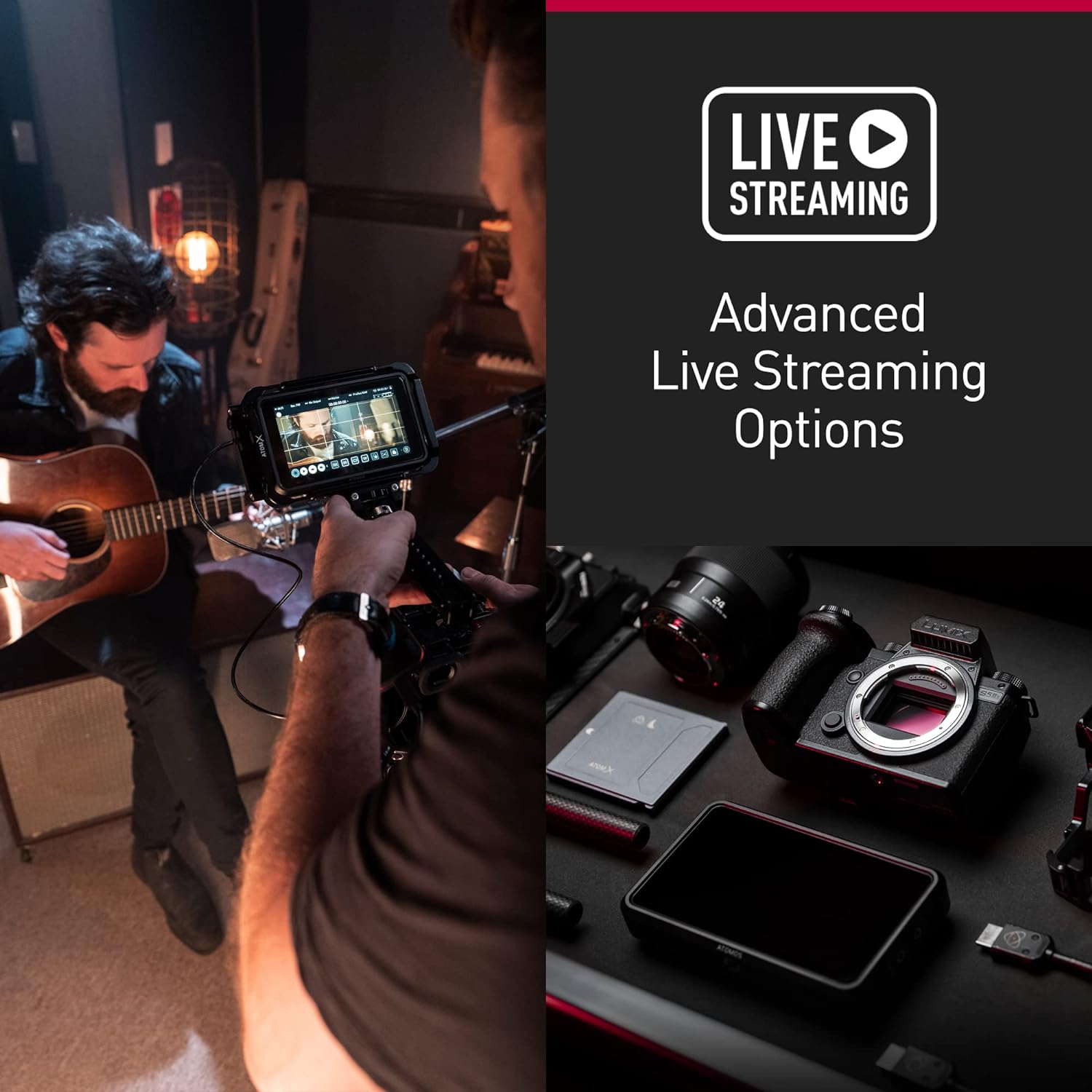 This image is divided into two sections. On the left, there is a scene with a man holding a camera with a mounted external monitor, filming another man who appears to be playing an acoustic guitar. It looks like they are in a studio or intimate indoor setting designed for music recording or video production, with musical instruments like a bass guitar visible in the background and a mood light giving a warm atmosphere to the scene.

On the right side of the image, there is text overlay that reads 