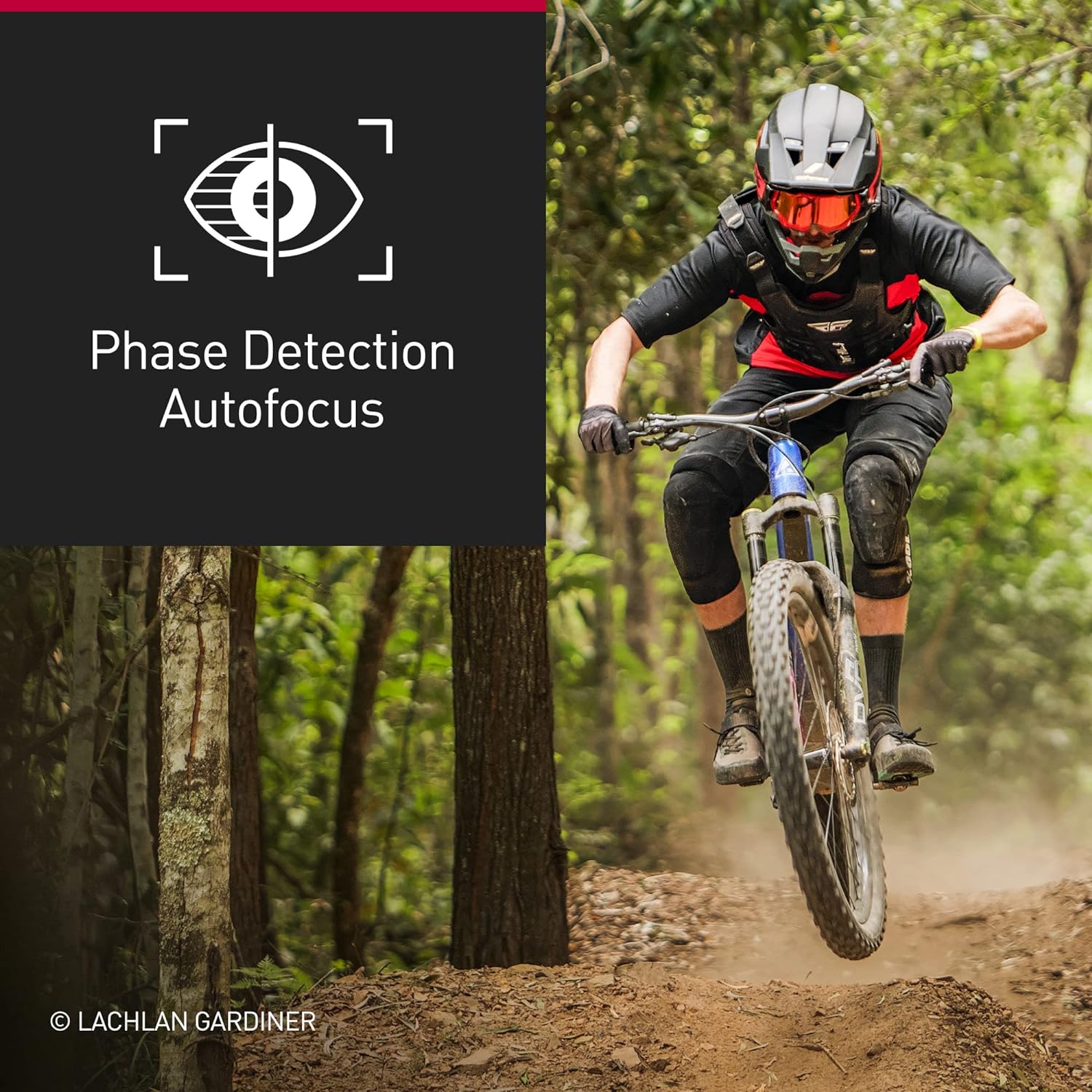 This image shows a mountain biker in mid-action, dressed in a full-face helmet, protective gear, and a jersey, focused as they navigate a trail. The image is crisp and clear, suggesting that a fast autofocus system was used in capturing the moment – a detail emphasized by the text 