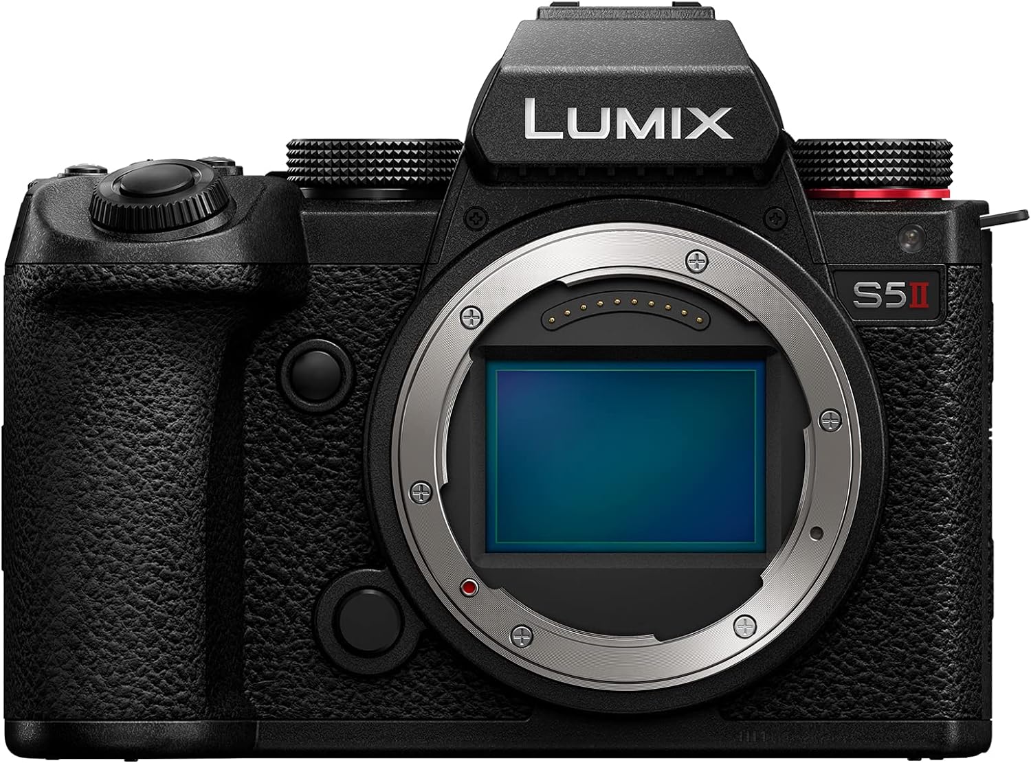 This image shows a professional digital single-lens reflex camera (DSLR) or mirrorless camera body without a lens attached. It is the Panasonic Lumix S5 II, as indicated by the label on the camera. The camera has a large sensor visible through the open lens mount, which is probably a full-frame sensor given the size and the type of camera. The body has various control buttons and dials, which are used to operate the camera and adjust settings, and it also includes a hot shoe mount on top for attaching a flash or other accessories. The textured grip on the side indicates where a photographer would hold the camera securely.