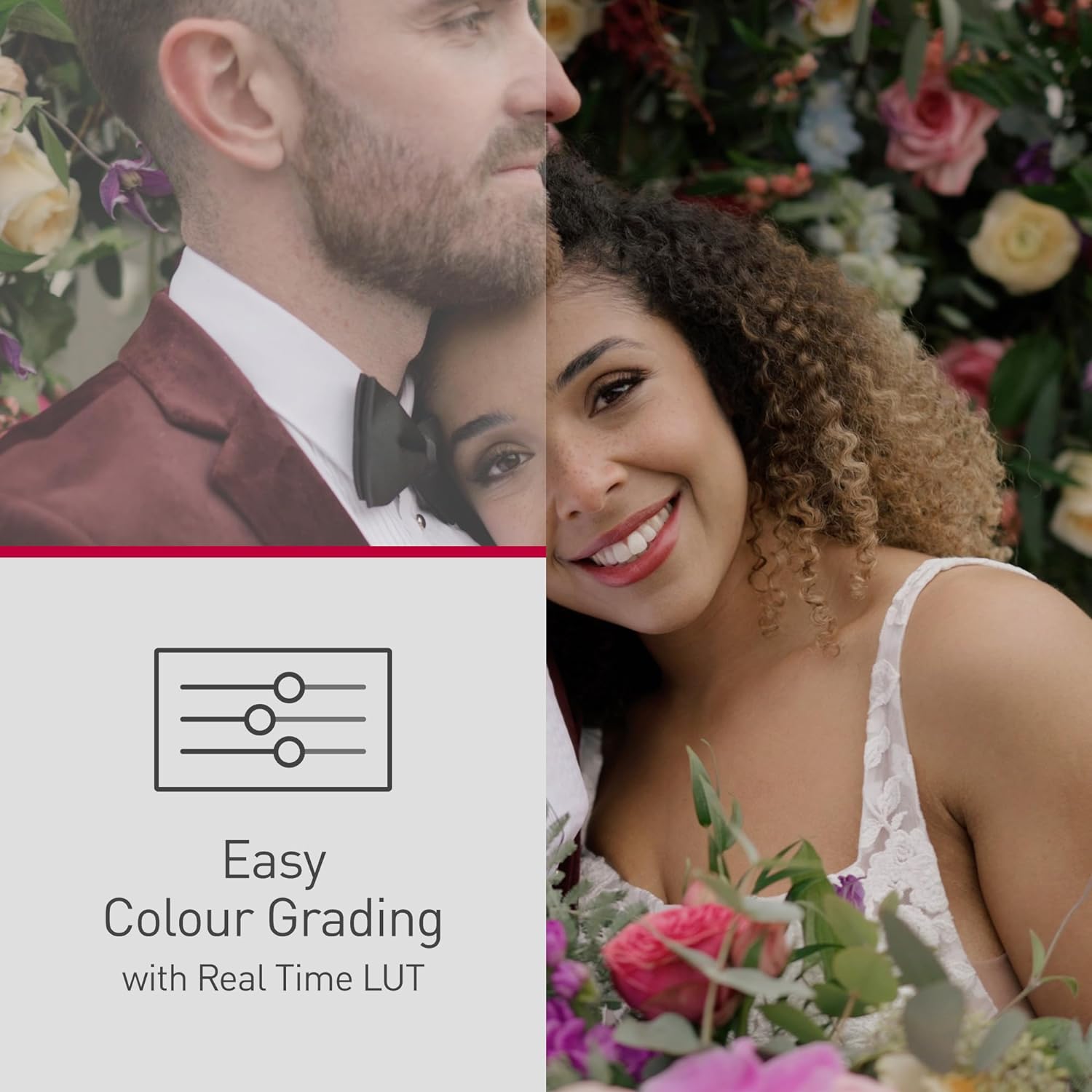 The image displays a split-screen comparison that exemplifies the impact of color grading on visual media. On the left side is a man in a dark suit with a maroon-colored jacket and a bow tie, the image looks somewhat flat and unprocessed. On the right side is a woman with curly hair and a smile, wearing what appears to be a white dress with straps. This side of the image shows more vibrant colors, particularly the bright flowers framing her face, and has more contrast, indicating that color grading has been applied to enhance the visual appeal.

The bottom portion of the image contains text and a graphic that reads 