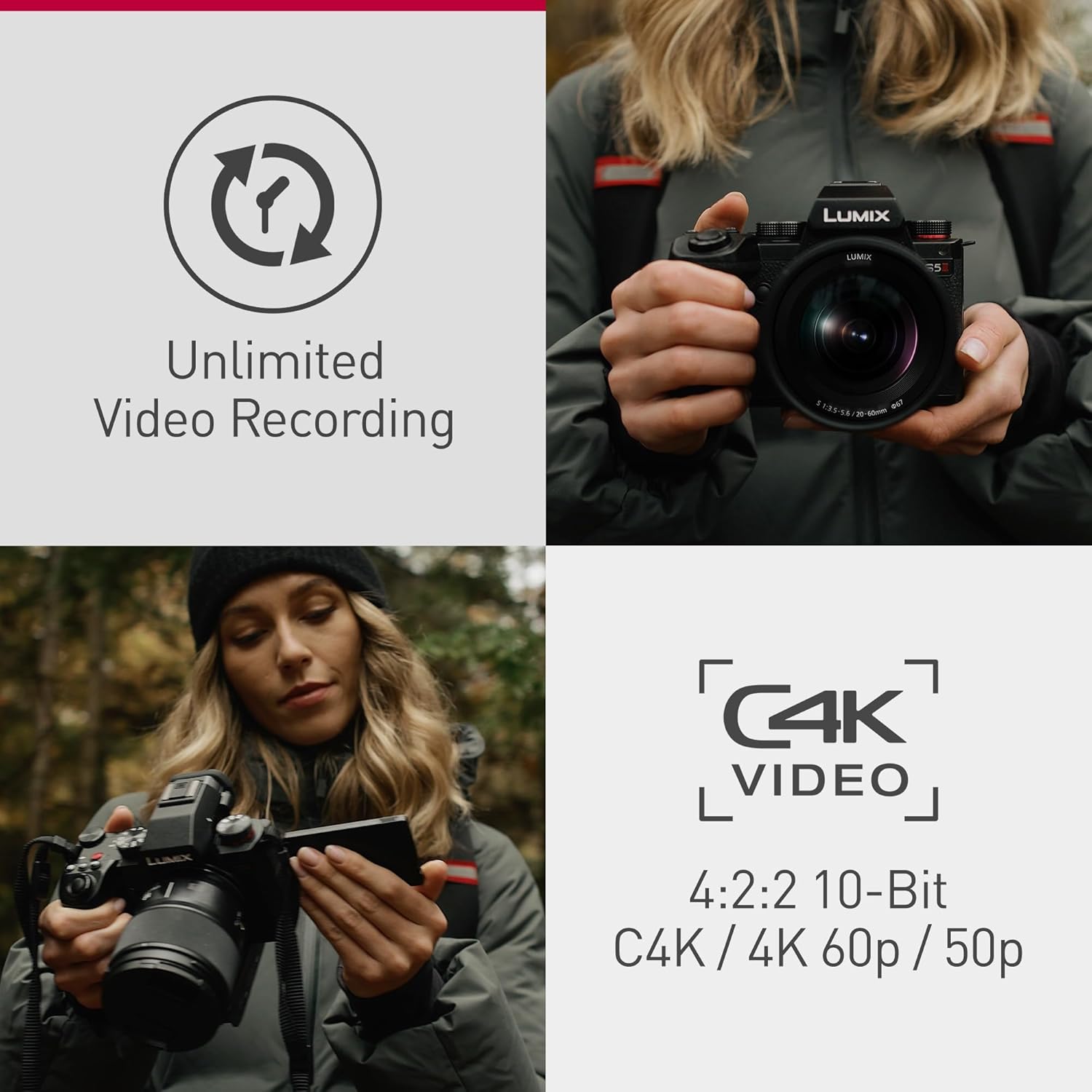 The image appears to be an advertisement or an informational graphic for a camera with video recording capabilities. The layout is divided into four quadrants:

1. Top left: A logo that symbolizes video recording, and the text underneath says 