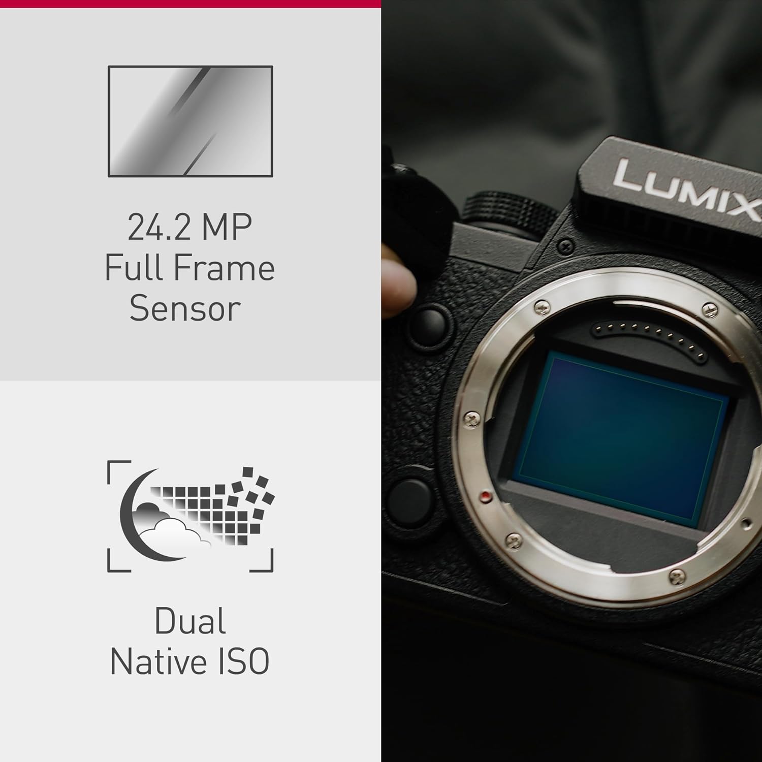 The image shows a part of a camera with the lens removed so that the sensor is visible. The brand of the camera is 